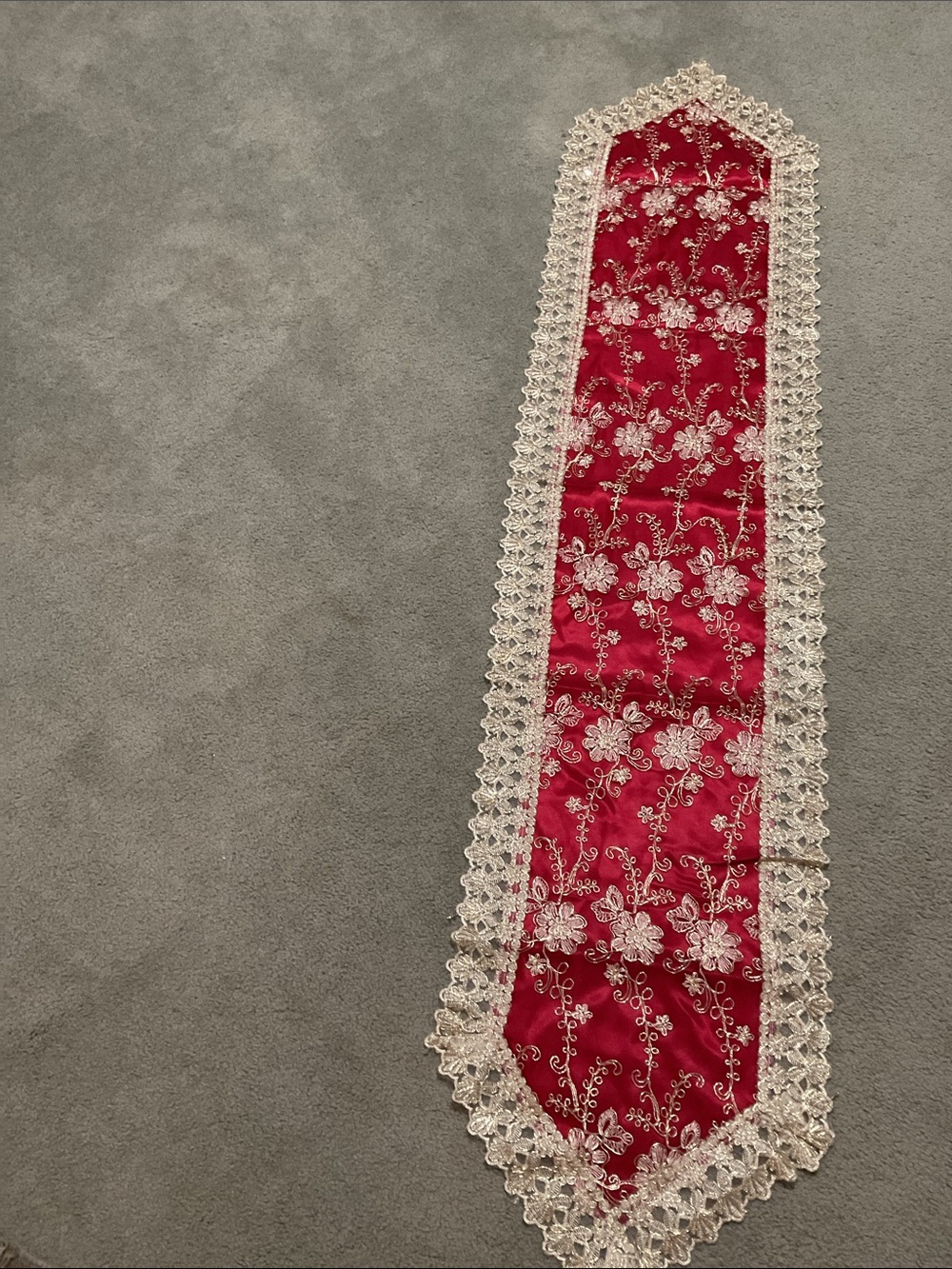 Red Embroidered Table Runner with Ivory Lace Trim